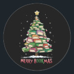 Christmas Book Lover Tree Librarian Merry Bookmas  Classic Round Sticker<br><div class="desc">Christmas Book Lover Tree Librarian Merry Bookmas</div>
