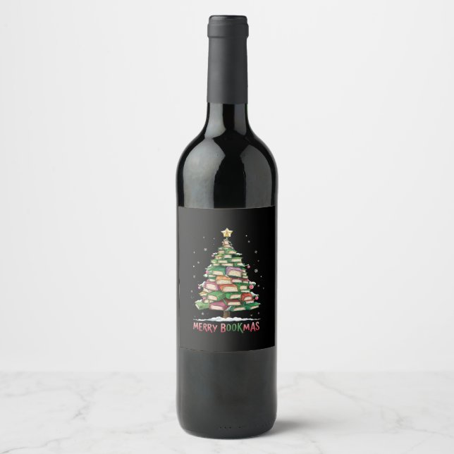 Christmas Book Lover Tree Librarian Merry Bookmas  Wine Label (Front)