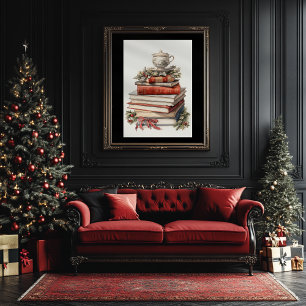Christmas Book Stack Watercolor Art Style Poster