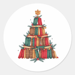 Christmas Book Tree Pine Branches Berries Reading Classic Round Sticker