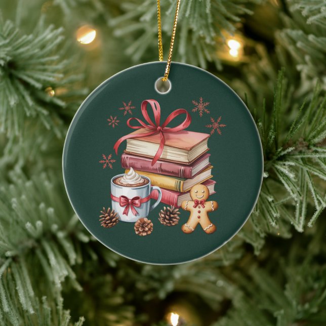 Christmas Books Gingerbread Books Cocoa Bookish Ceramic Ornament (Tree)