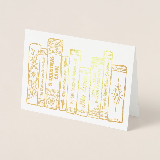 Christmas Books Hand Drawn Illustrated Holiday Foil Card (Front)
