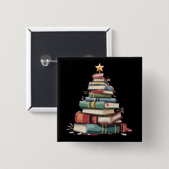 Christmas Books Tree Book Lover Teachers Bookworm  2 Inch Square Button (Front & Back)