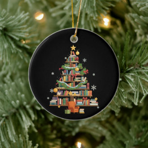Christmas Books Tree Book Lover Teachers Bookworm  Ceramic Ornament