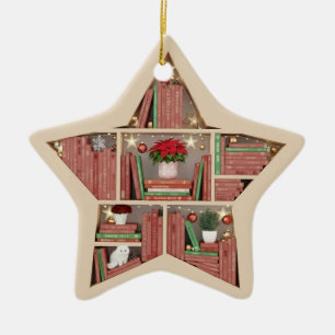 Christmas Bookshelves Red Green Star Book shelf Ceramic Ornament