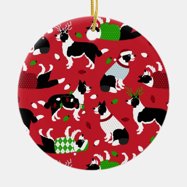 Christmas Border Collie Ceramic Ornament (Front)
