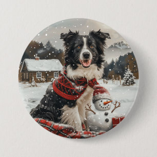 Christmas Border Collie Dog Snowman 3 Inch Round Button