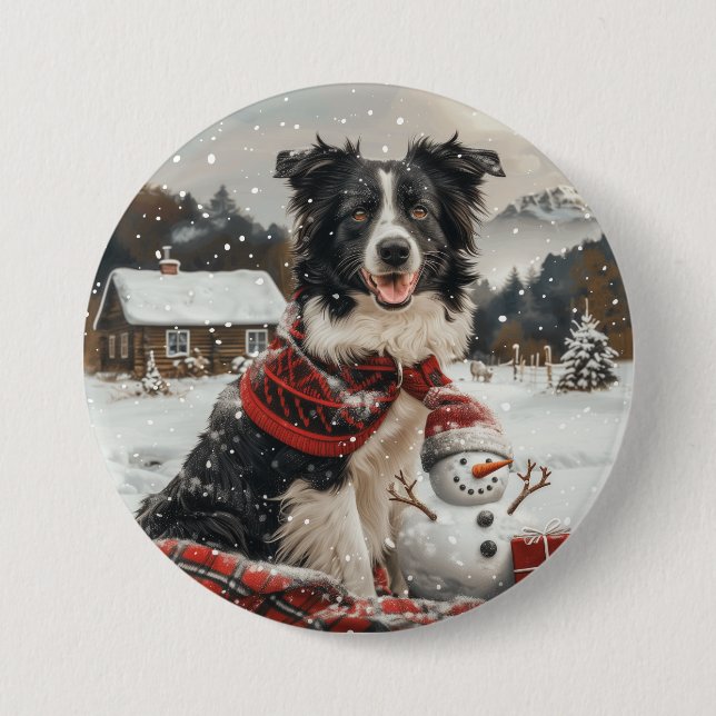 Christmas Border Collie Dog Snowman 3 Inch Round Button (Front)