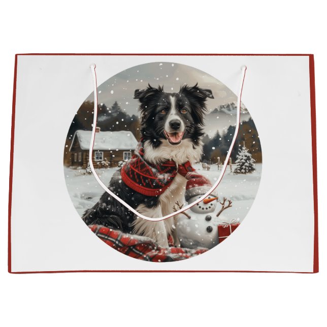 Christmas Border Collie Dog Snowman Large Gift Bag (Front)