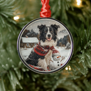 Christmas Border Collie Dog Snowman Metal Ornament