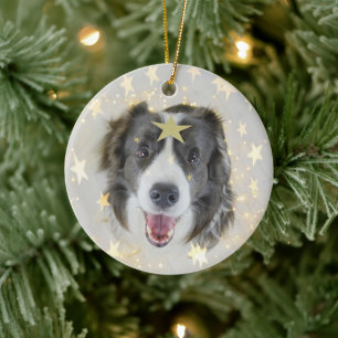 Christmas Border Collie dog with stars and lights Ceramic Ornament