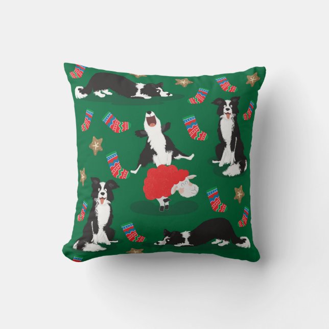 Christmas Border Collie green Throw Pillow (Front)