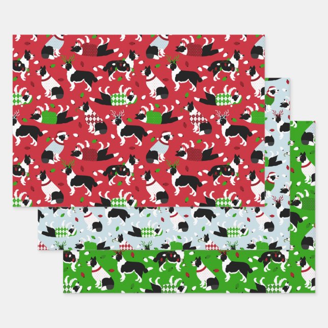 Christmas Border Collie Throw Pillow Wrapping Paper Sheet (Set)