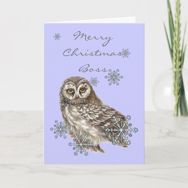 Christmas Boss Snow & Cute Owl Watercolor Bird Holiday Card (Front)