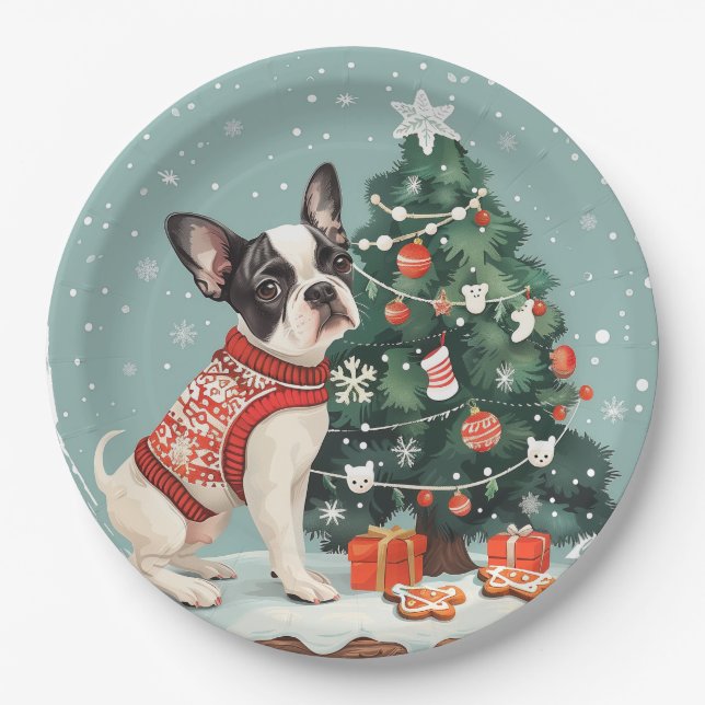 Christmas Boston Terrier Dog Paper Plate (Front)