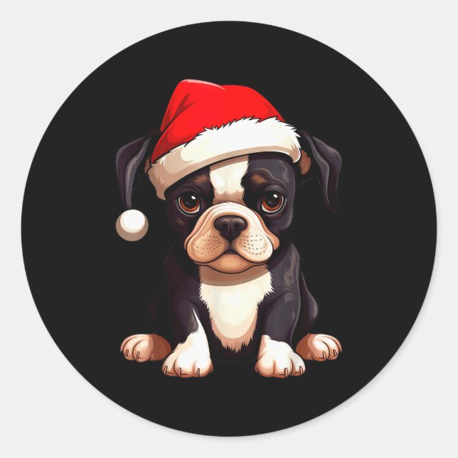 Christmas Boston Terrier Dog Santa Hat Funny Xmas  Classic Round Sticker (Front)