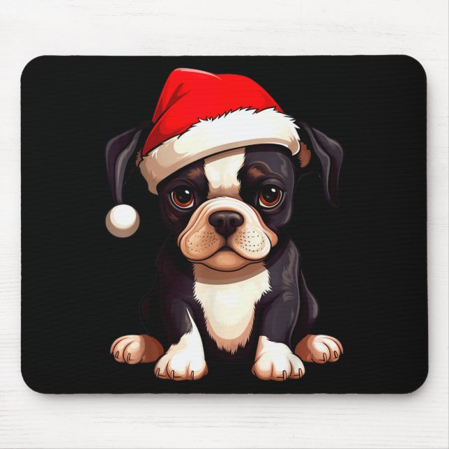 Christmas Boston Terrier Dog Santa Hat Funny Xmas  Mouse Pad (Front)
