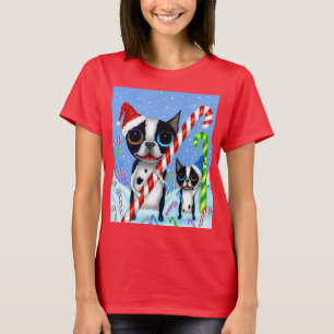 Christmas Boston Terrier Dogs Candy Cane Santa Hat T-Shirt