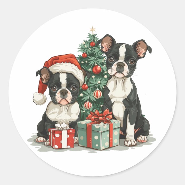 Christmas Boston Terrier Dogs Classic Round Sticker (Front)