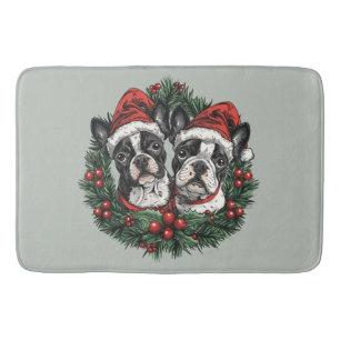 Christmas Boston Terrier Dogs Holiday Wreath Bath Mat