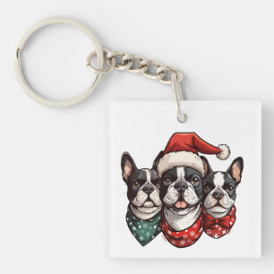 Christmas Boston Terrier Dogs Keychain