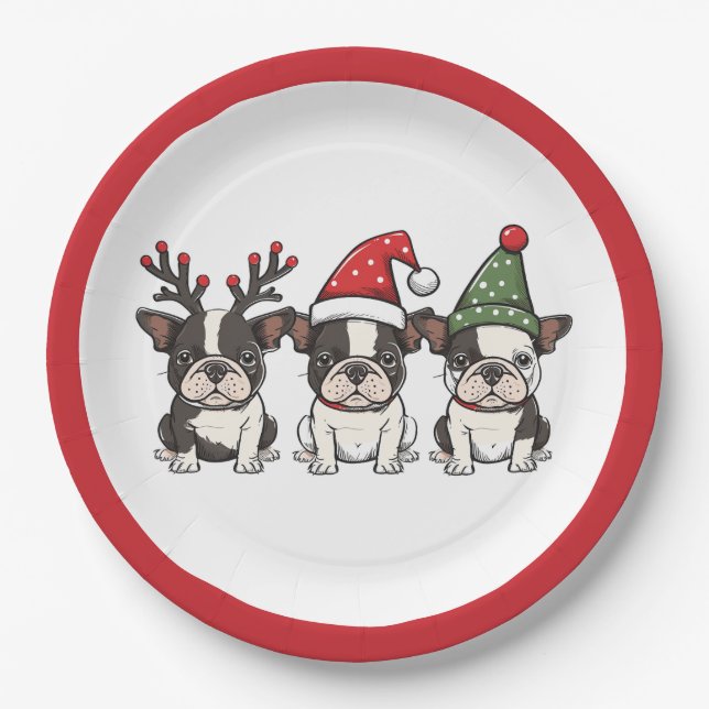 Christmas Boston Terrier Dogs Paper Plate (Front)