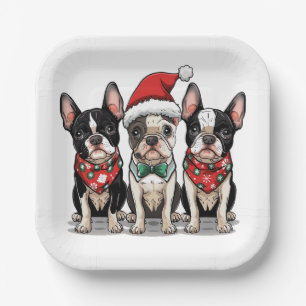 Christmas Boston Terrier Dogs Paper Plate