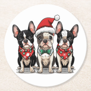 Christmas Boston Terrier Dogs Round Paper Coaster