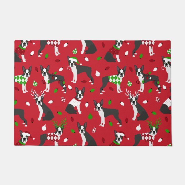 Christmas Boston Terrier Doormat (Front)