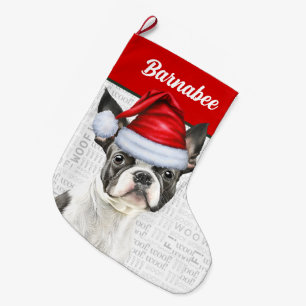 Christmas Boston Terrier Name Woof Background Large Christmas Stocking