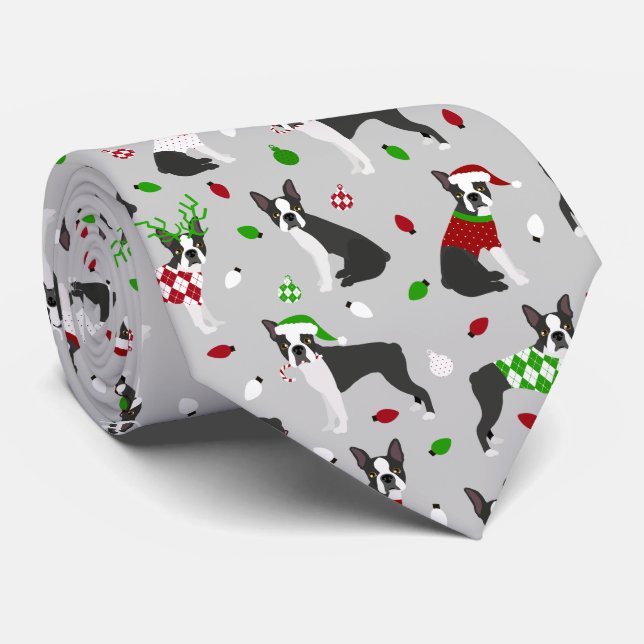 Christmas Boston Terrier Neck Tie (Rolled)