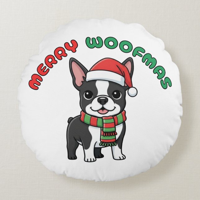 Christmas Boston Terrier Pillow: Merry Woofmas Round Pillow (Front)