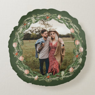 Christmas Botanical and Floral Greenery Photo Round Pillow