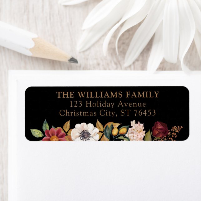 Christmas botanical floral black return address (Insitu)