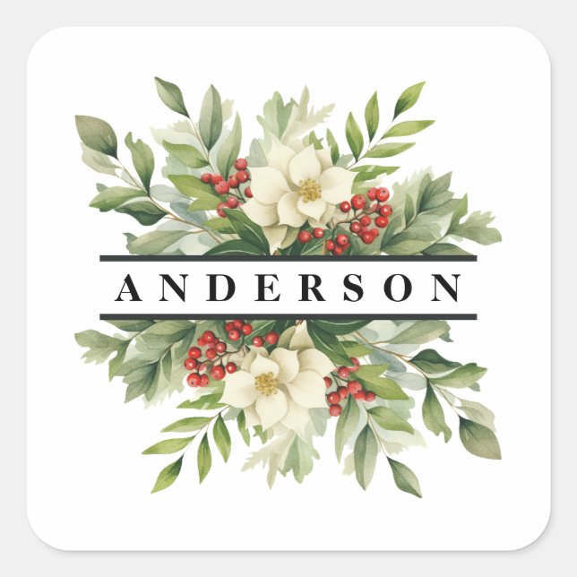 Christmas Botanical Flowers and Berries Square Sticker (Front)