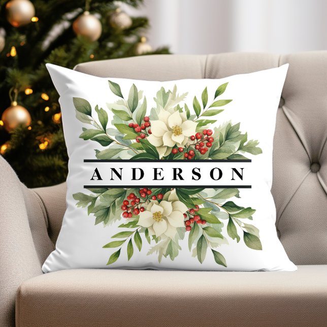 Christmas Botanical Flowers Holiday Season Throw Pillow (personalized christmas throw pillow with winter floral design for traditional holiday decor)