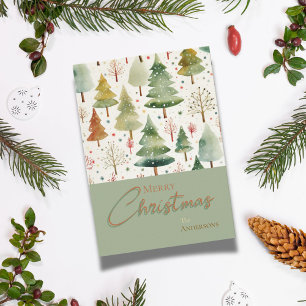 Christmas Botanical Green Brown Watercolor Trees Holiday Card