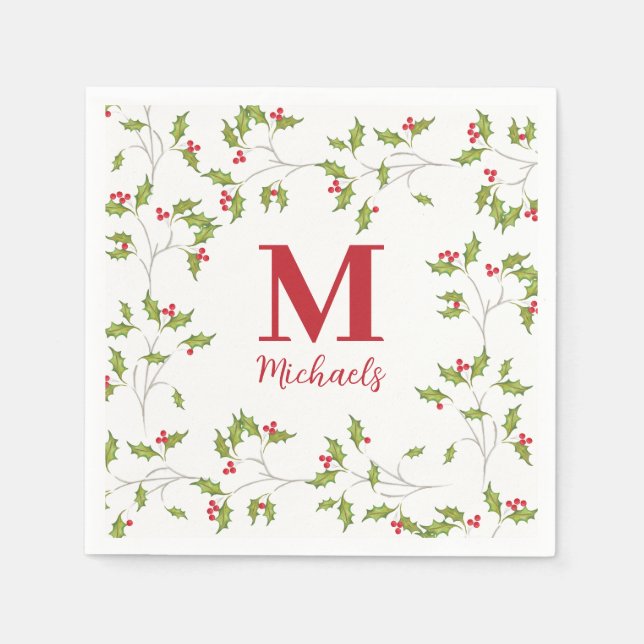 Christmas Botanical Holiday Holly Berries Monogram Napkin (Front)