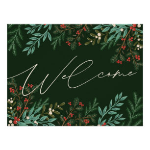 Christmas Botanical Holiday Welcome Green Frame  Poster