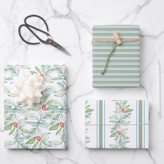 Christmas Botanical Leaves and Berries Watercolor  Wrapping Paper Sheet (Front)