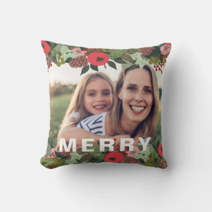 Christmas Botanical Merry Type Holiday Photo Throw Pillow