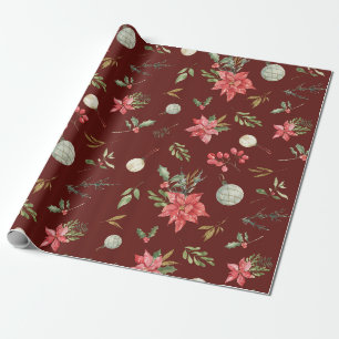 Christmas Botanical Pattern Red and Golden Wrapping Paper