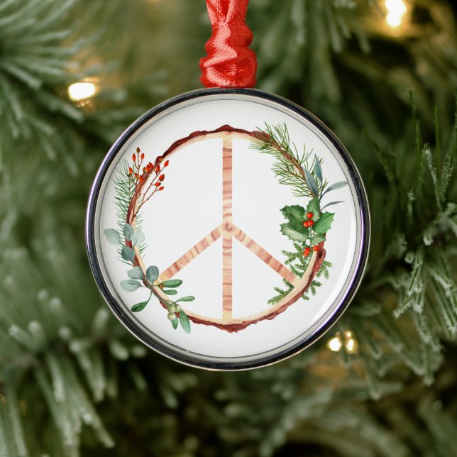 Christmas Botanical Wooden Peace Sign  Classic Rou Metal Ornament (Tree)