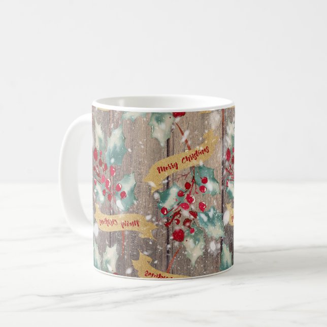 Christmas Botanical Wooden Planks Coffee Mug (Front Left)