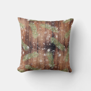 Christmas Botanical Wooden Planks Throw Pillow