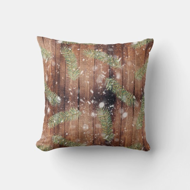Christmas Botanical Wooden Planks Throw Pillow (Front)