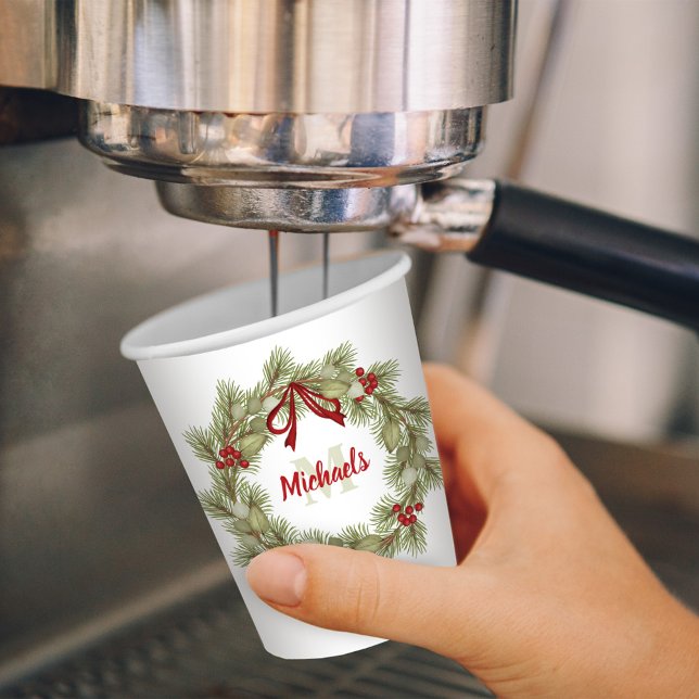 Christmas Botanical Wreath Holly Red Monogram Paper Cups (Christmas holiday simple monogram greenery wreath. )