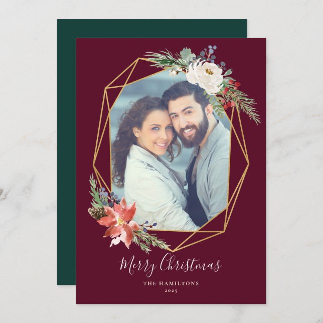 Christmas Botanicals Geometric Red Photo Holiday Card (Front/Back)