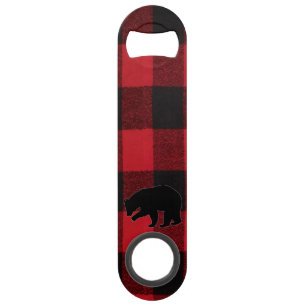Christmas Bottle Opener Red Plaid Black Bear Bar Key