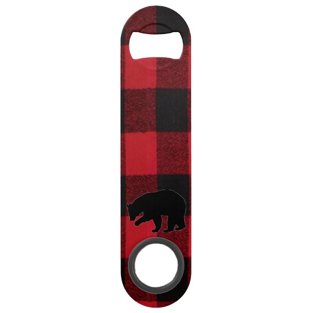 Christmas Bottle Opener Red Plaid Black Bear Bar Key (Front)